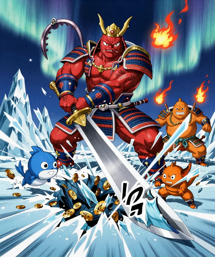 Huge Red Arctic Krieger in goldener Krone zerschl&auml;gt Eisloch mit Schwert-Angelhaken bei Ice Fishing Casino