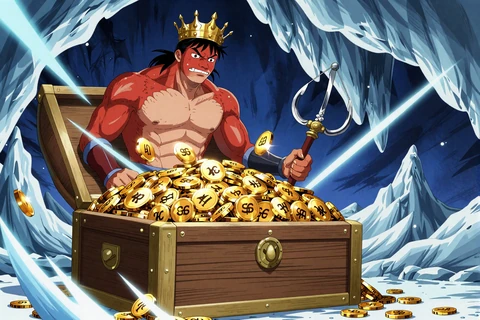 Huge Red bewacht Schatztruhe mit Goldm&uuml;nzen und Freispielen im arktischen Eis