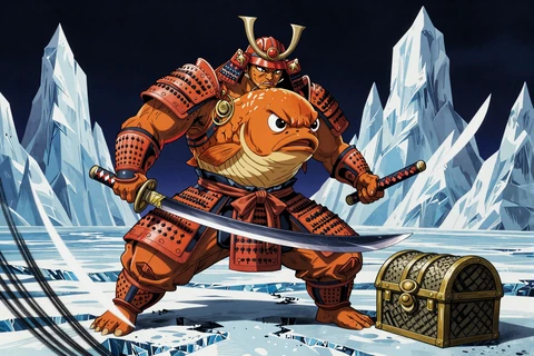 Big Oranges orangefarbener Samurai mit Katana bewacht Schatztruhe auf Eisscholle
