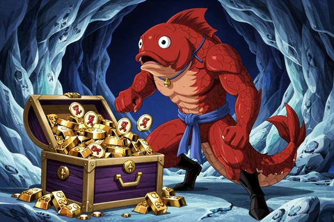 Huge Red bewacht Schatztruhe mit Freispielen und Goldbarren im arktischen Eis