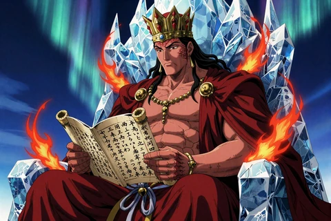 Huge Red studiert Schriftrolle auf Eisthron