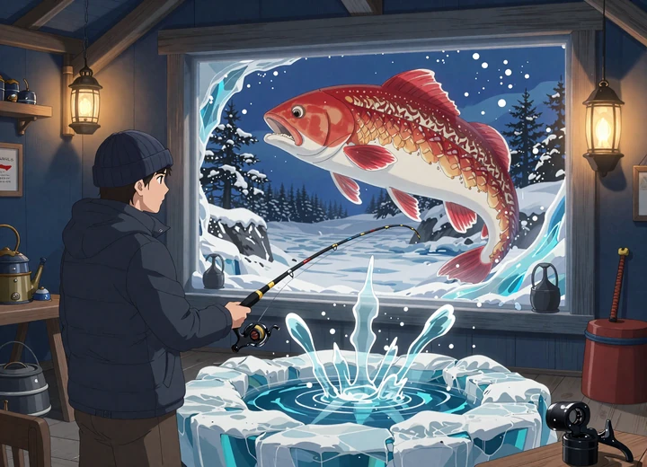 Live-Host im Ice Fishing Studio mit AR-Hologramm von Huge Red beim Auftauchen aus dem Eisloch