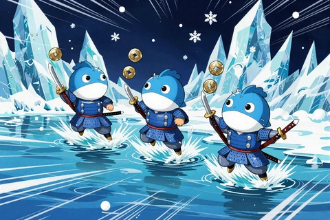 Lil' Blues Team als blaue Fisch-Ninjas werfen M&uuml;nz-Shuriken im arktischen Eis