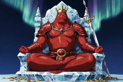 Huge Red Arctic Krieger meditiert auf Eisthron mit Schwert-Angelhaken und Goldm&uuml;nzen