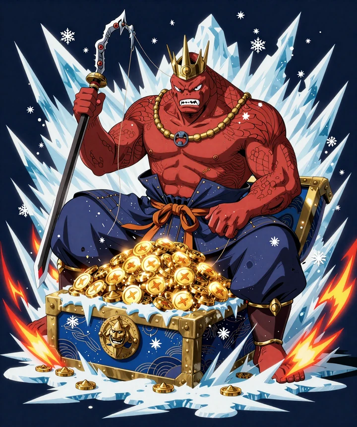 Huge Red Arctic Krieger bewacht vereiste Schatztruhe mit Goldm&uuml;nzen und Freispiel-Token im Ice Fishing Casino