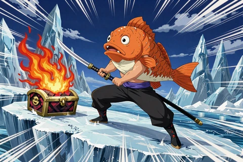 Big Oranges Samurai mit Katana bewacht Schatztruhe auf Eisscholle