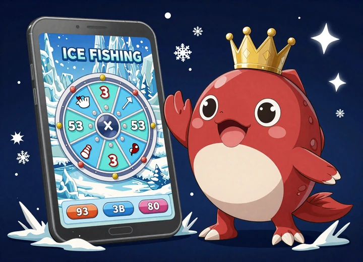 Chibi Huge Red winkt neben Smartphone mit Ice Fishing Live-Rad im mobilen Browser