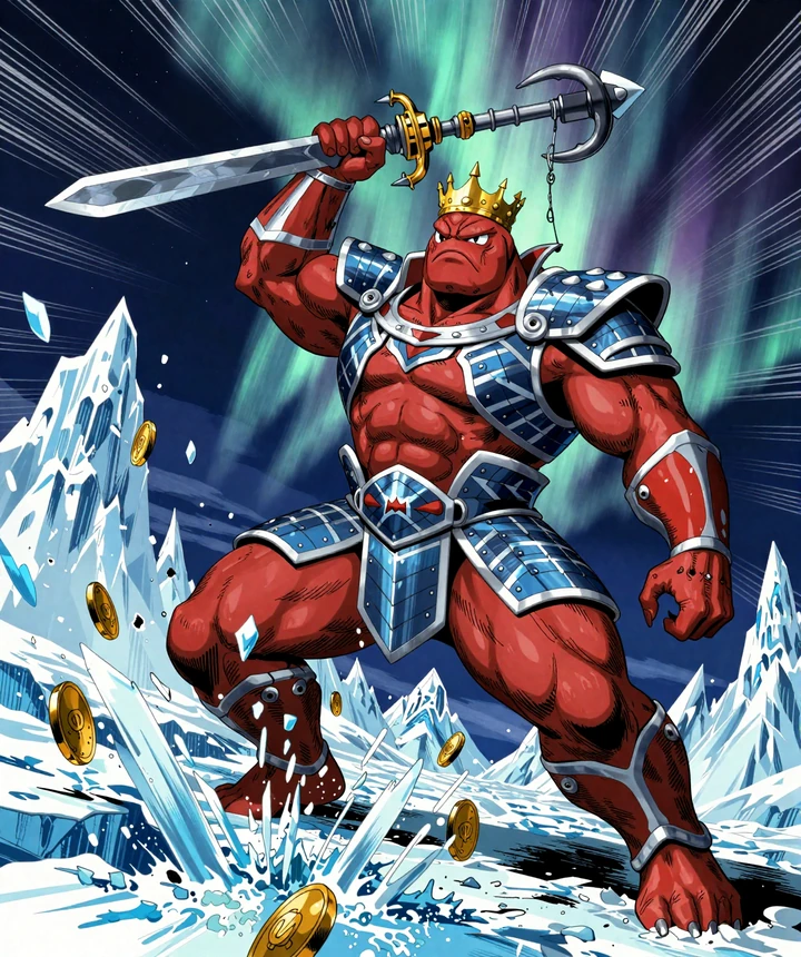 Huge Red Arctic Krieger in goldener Krone zerschl&auml;gt Eisloch mit Schwert-Angelhaken im Ice Fishing Studio